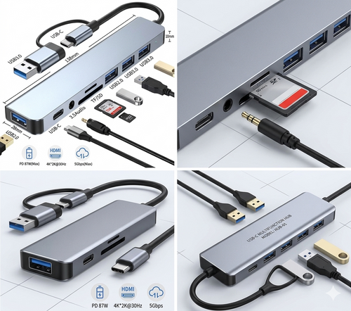 Adaptador 8 en 2 USB, tipo C
